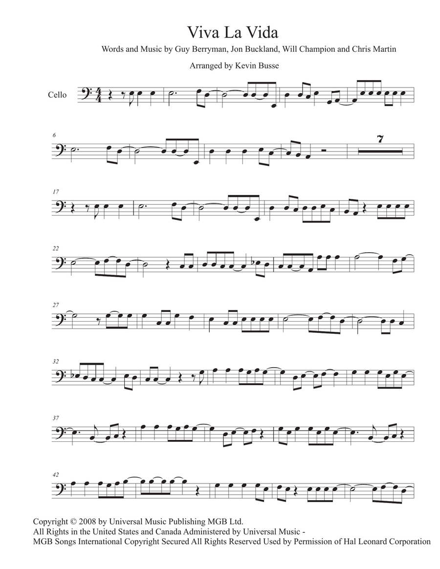 Viva La Vida Cello Solo scores gallery preview page 1