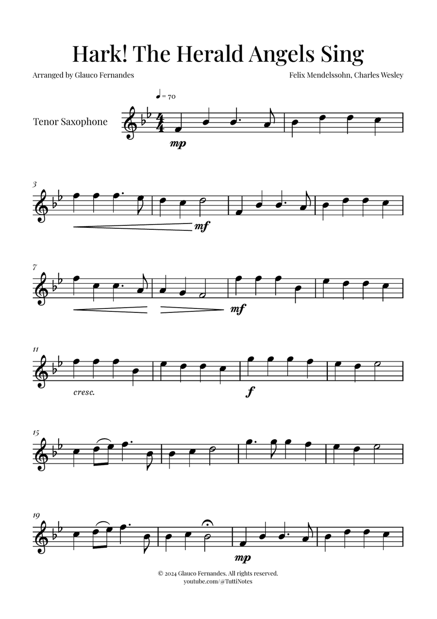 Hark! The Herald Angels Sing | BEAUTIFUL Christmas Carol Tenor Saxophone scores gallery preview page 1