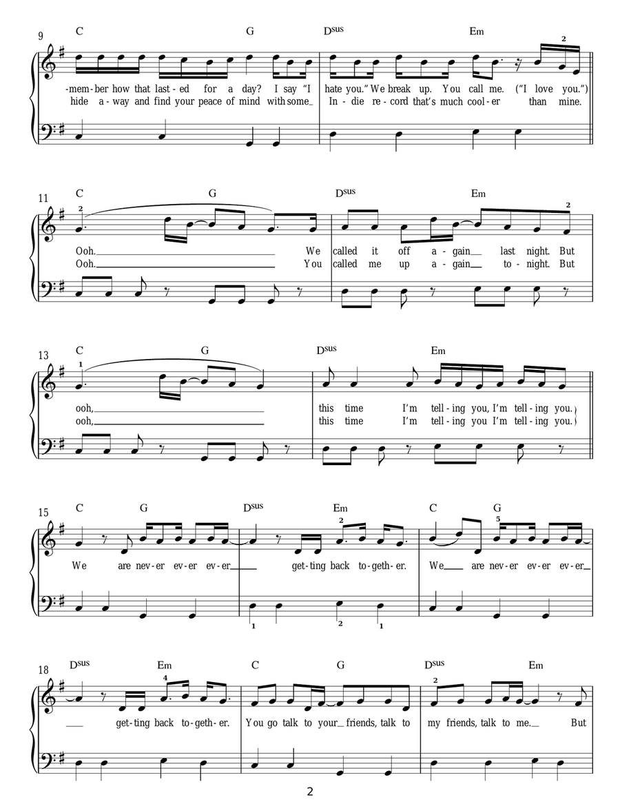 We Are Never Ever Getting Back Together Easy Piano scores gallery preview page 2