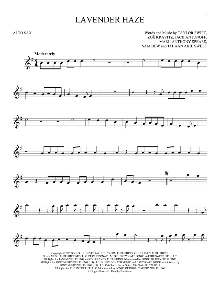Lavender Haze Alto Saxophone scores gallery preview page 1