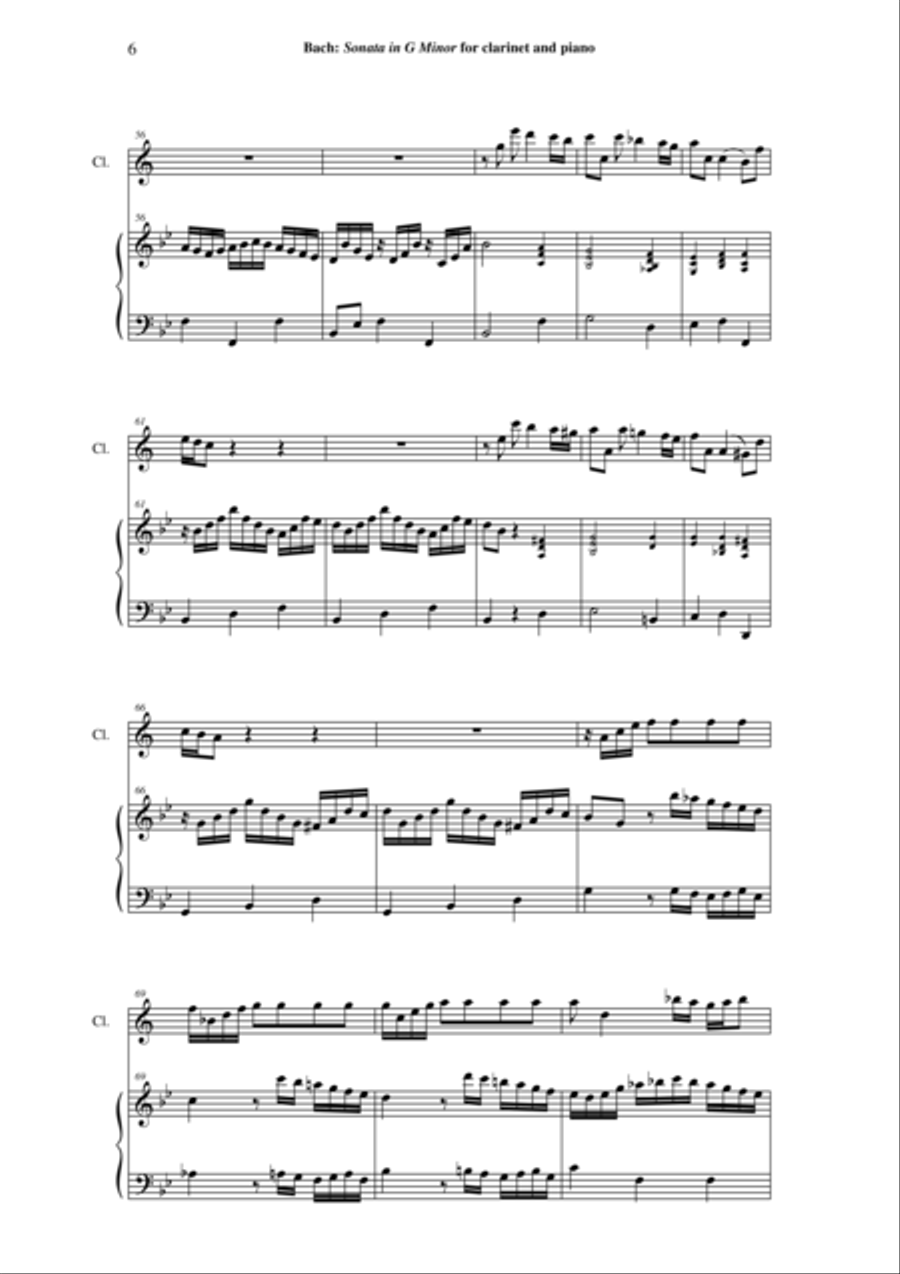 J. S. Bach: Sonata in g minor, BWV 1020 arranged for Bb clarinet and piano (or harp) B-Flat Clarinet scores gallery preview page 6