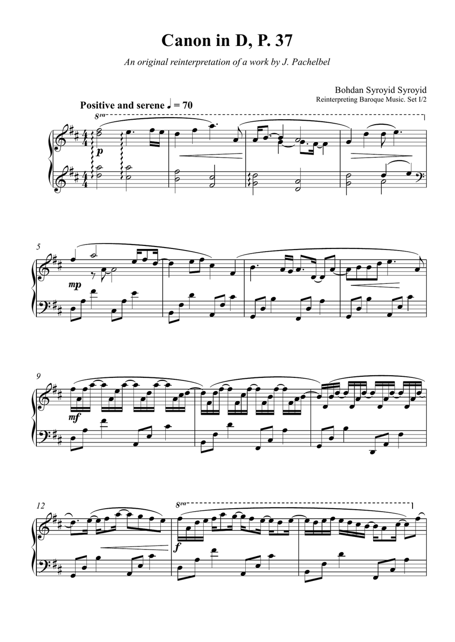 Reinterpretation of Pachelbel's Canon in D, P. 37 Piano Solo scores gallery preview page 1