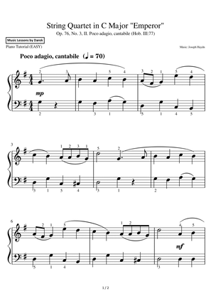 String Quartet in C Major "Emperor" (EASY PIANO) Op. 76, No. 3, (Hob. III:77) [Joseph Haydn]