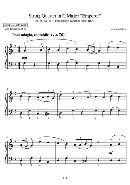 String Quartet in C Major "Emperor" (EASY PIANO) Op. 76, No. 3, (Hob. III:77) [Joseph Haydn] image number null