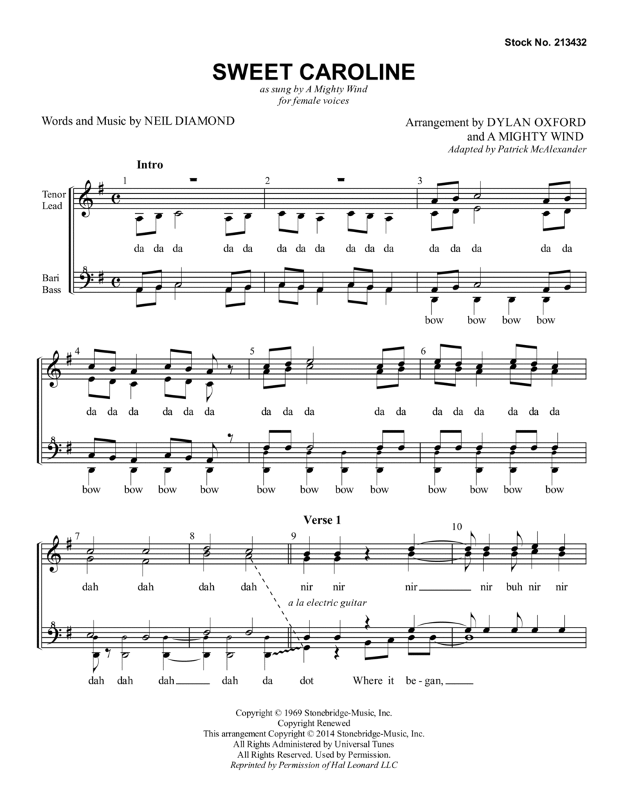 Sweet Caroline (arr. Dylan Oxford & A Mighty Wind) SSAA scores gallery preview page 1