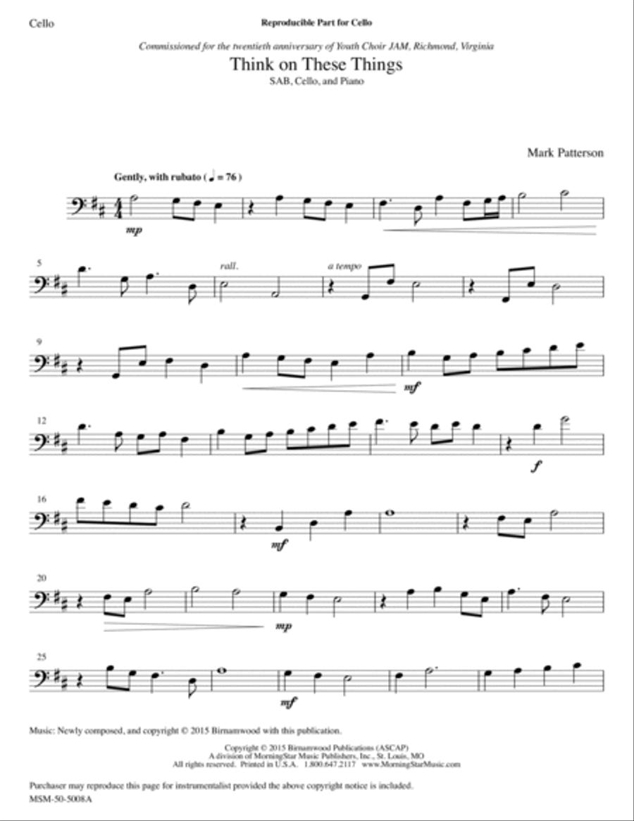 Think on These Things (Downloadable Cello Part) Choir scores gallery preview page 1