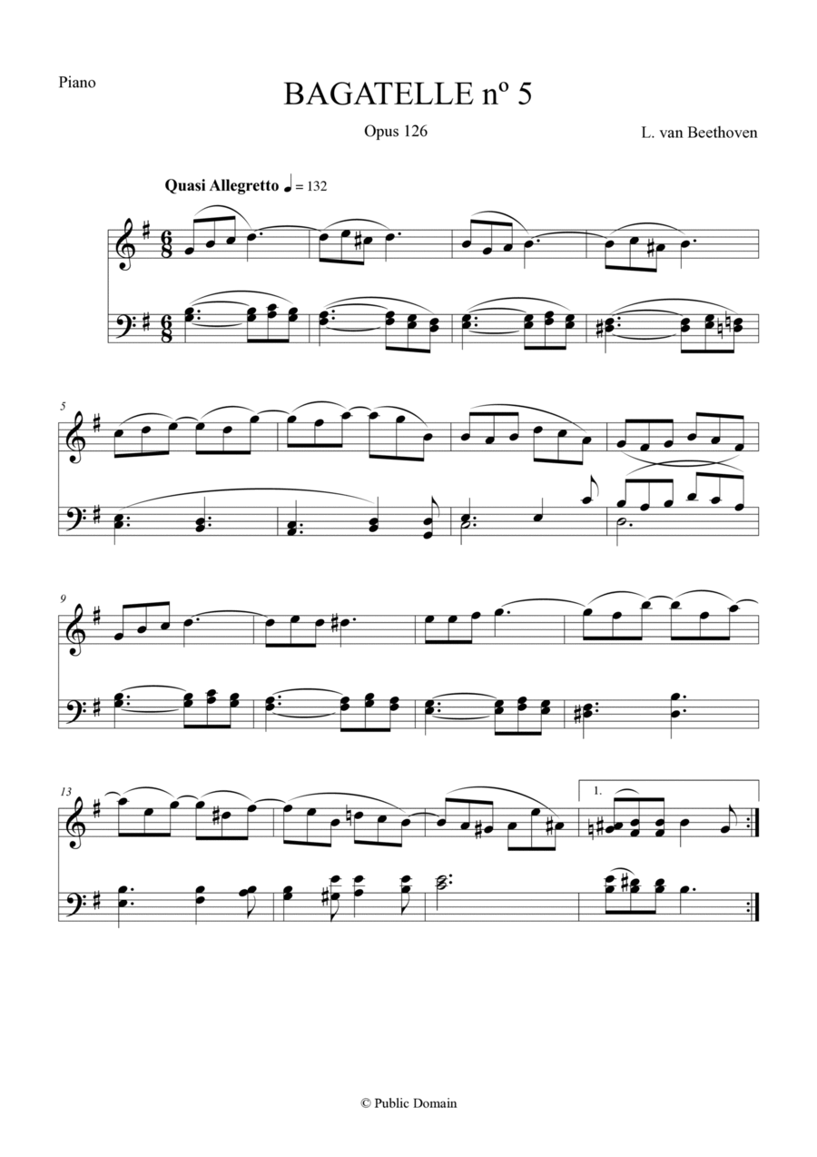 Bagattelle nº 5 Opus 126 by L. van Beethoven for Piano Piano Method scores gallery preview page 1
