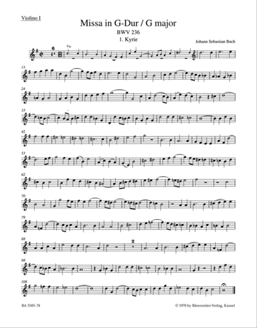 Mass G major BWV 236 'Lutheran Mass 4' Violin scores gallery preview page 1