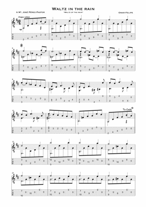 Book cover for Waltz in the rain for solo guitar with TAB