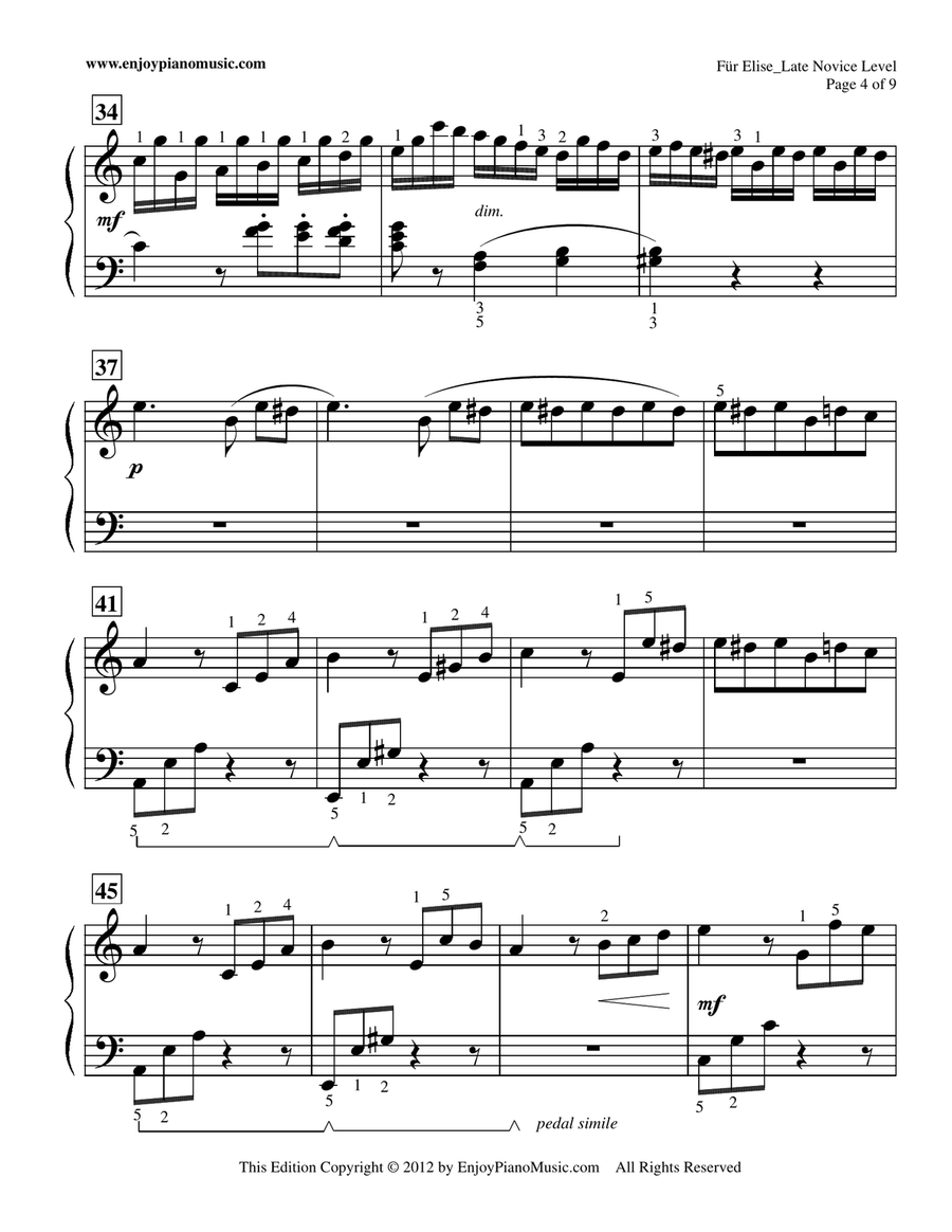 Fur Elise--original piano solo re-written in 3/4 time signature Piano Method scores gallery preview page 4