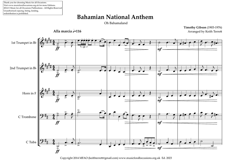 Bahamian National Anthem for Brass Quintet - 