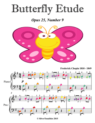 Book cover for Butterfly Etude Opus 25 Number 9 Easy Piano Sheet Music with Colored Notes