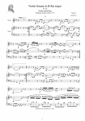 Mozart - Violin Sonata in E flat K 58 for Violin and Piano - Score and Part