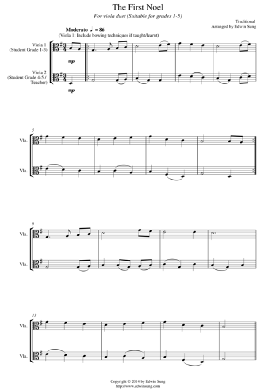 The First Noel (for viola duet, suitable for grades 1-5) String Duet scores gallery preview page 1