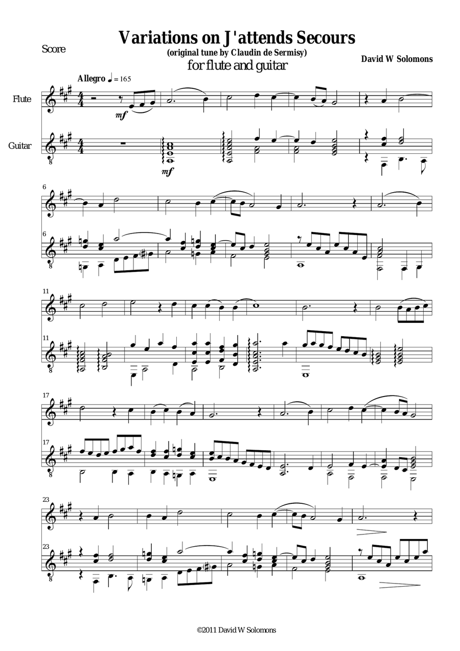 Variations on J'attends secours for flute and guitar Flute scores gallery preview page 1