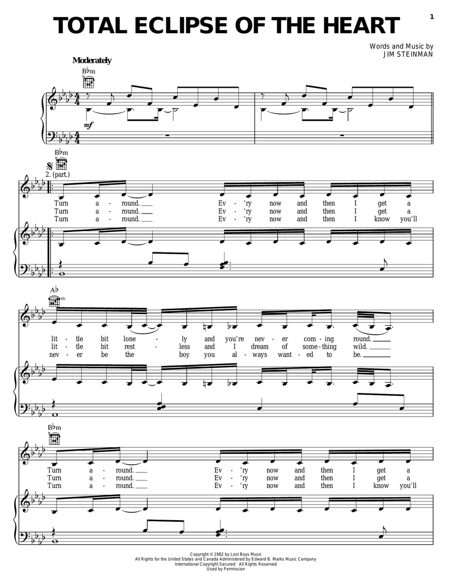 Total Eclipse Of The Heart Piano, Vocal, Guitar scores gallery preview page 1