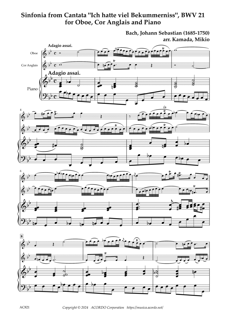 Sinfonia from Cantata "Ich hatte viel Bekummerniss", BWV 21 for Oboe, Cor Anglais and Piano image number null