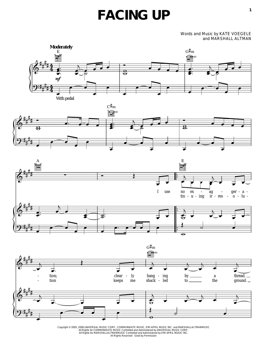 Facing Up Facing Up Piano, Vocal, Guitar scores gallery preview page 1