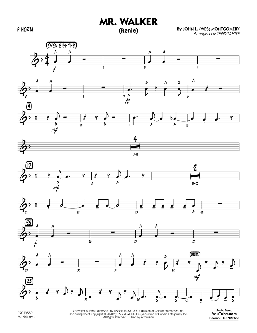 Mr. Walker (arr. Terry White) - F Horn Jazz Ensemble scores gallery preview page 1