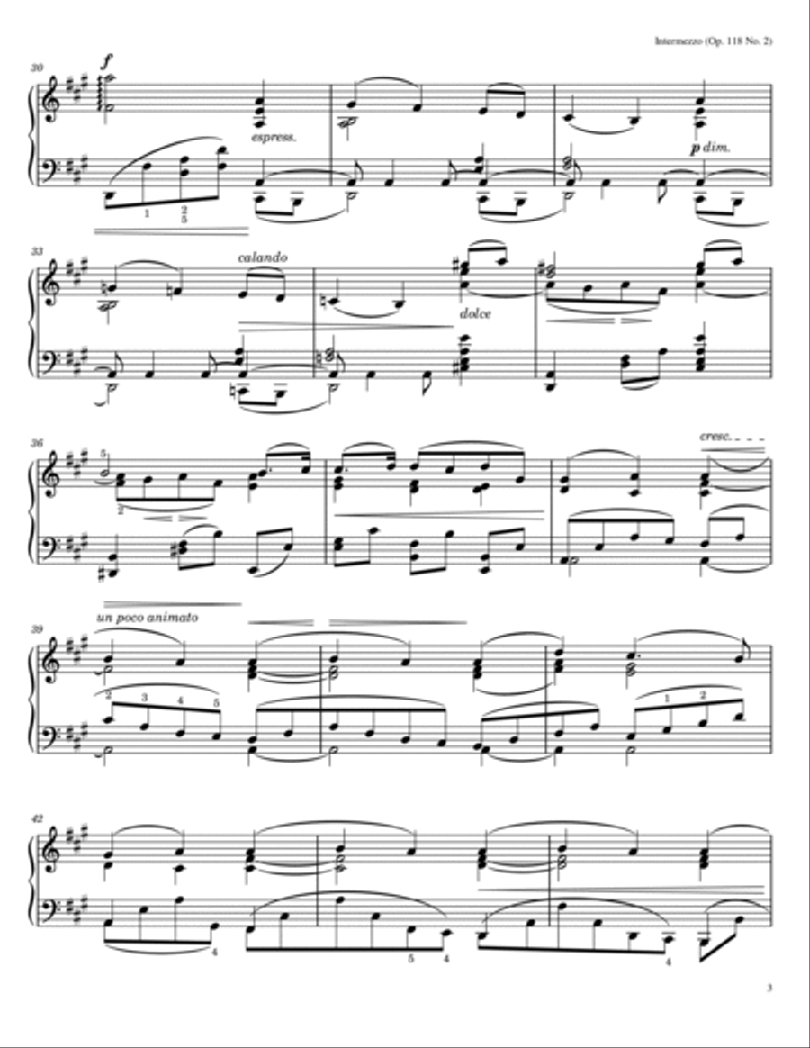 Johannes Brahms - Intermezzo - Op. 118 No. 2 (A Major) - Original With Fingered Piano Solo scores gallery preview page 3