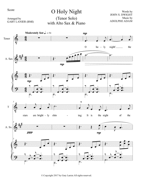 O HOLY NIGHT (Tenor Solo with Alto Sax & Piano - Score & Parts included) image number null