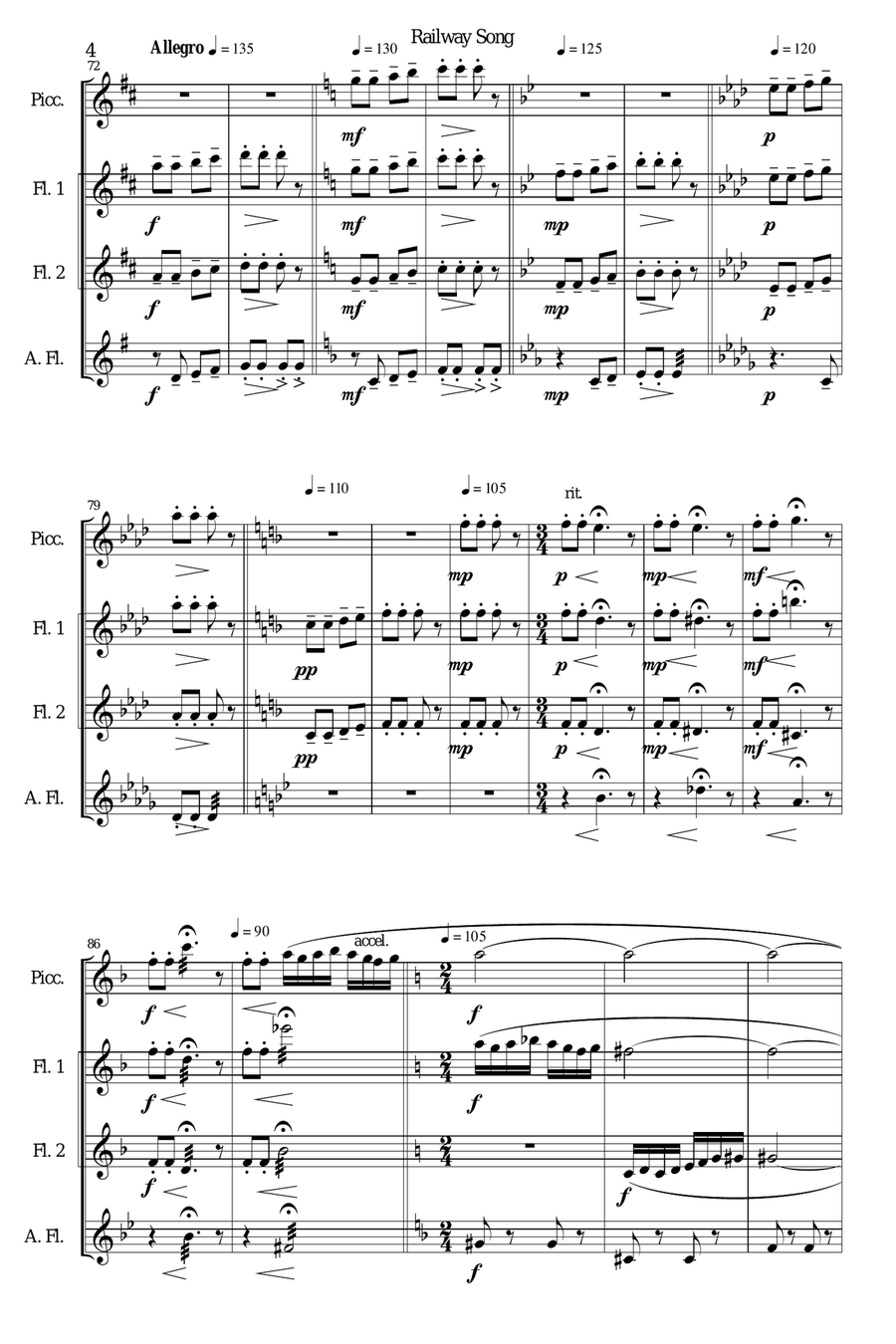 Railway Song (Auf de schwäb'sche Eisebahne) for piccolo, 2 flutes, alto flute Woodwind Quartet scores gallery preview page 4