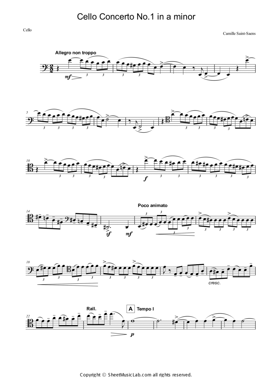 C. Saint-Saens : Cello Concerto No.1 in a minor Cello Solo scores gallery preview page 1