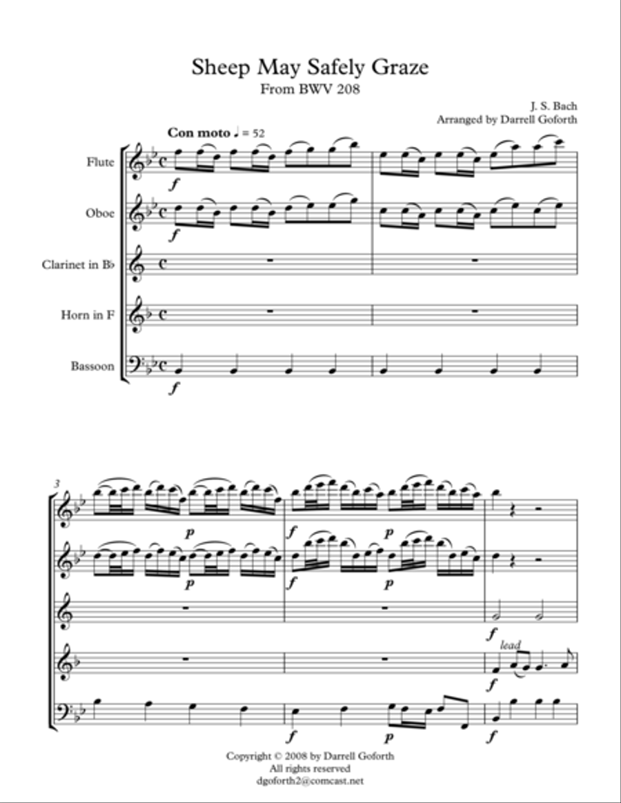 Sheep May Safely Graze for Woodwind Quintet Woodwind Quintet scores gallery preview page 1