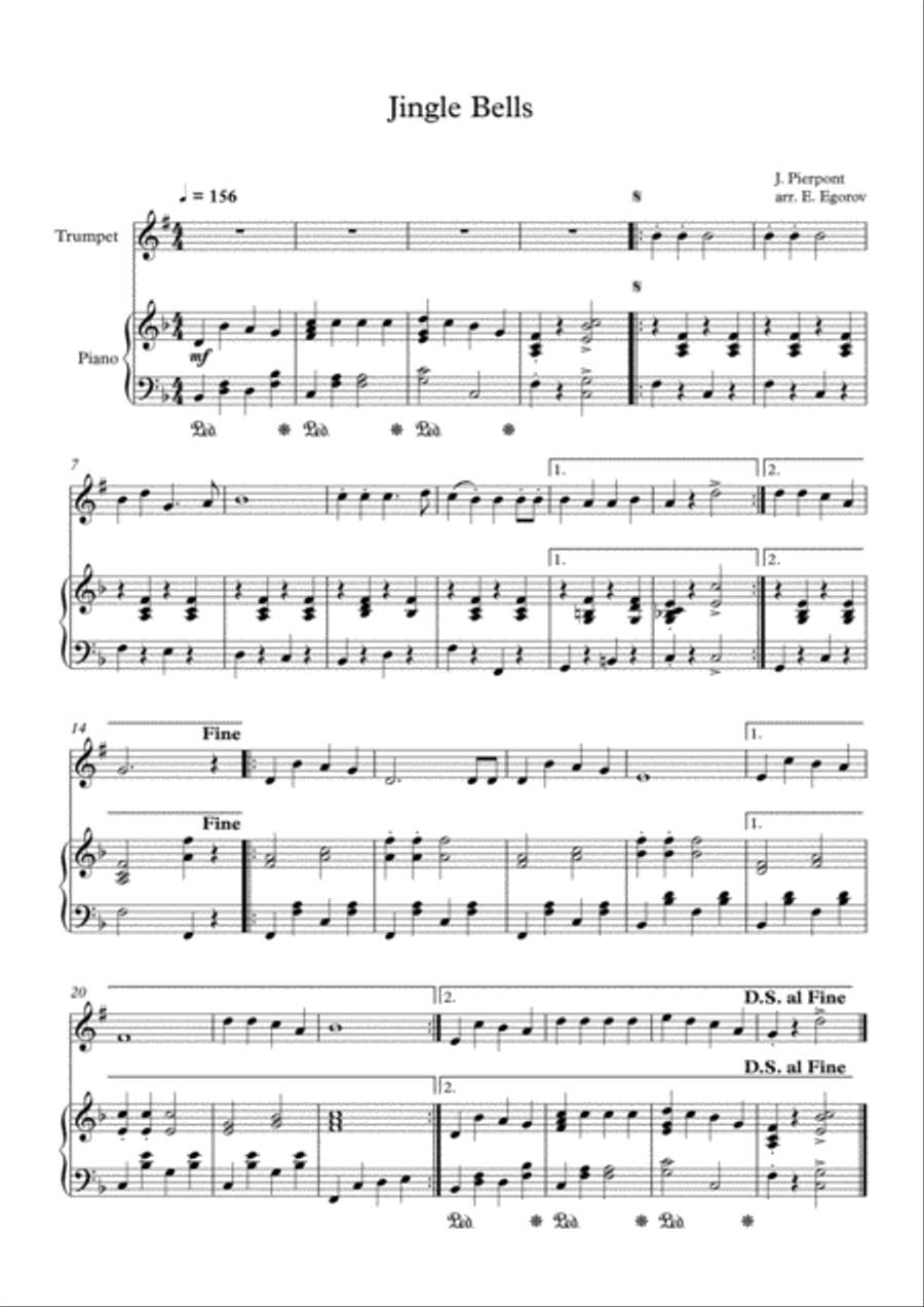 Jingle Bells, James Pierpont, For Trumpet & Piano image number null