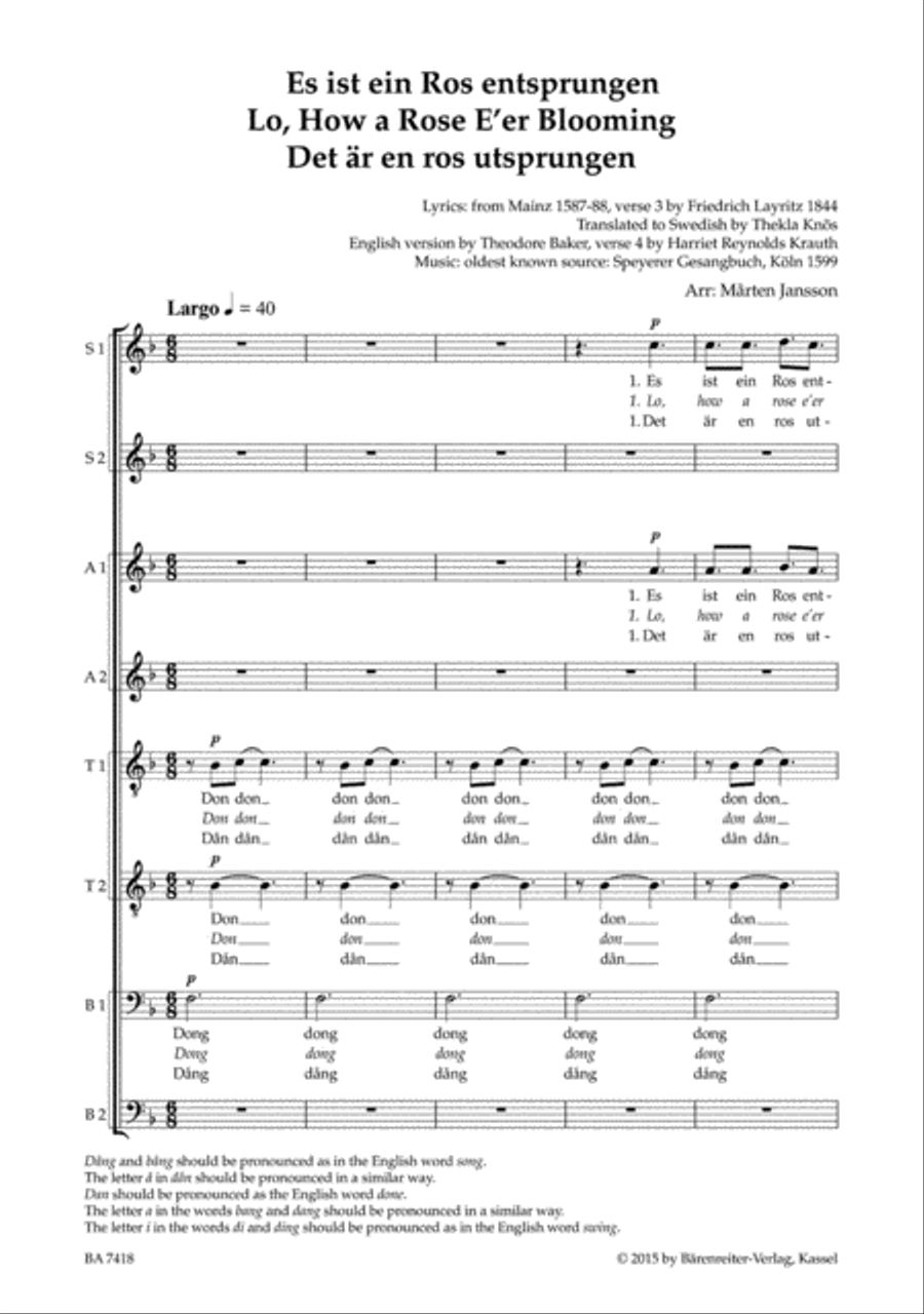 Es ist ein Ros entsprungen (Lo, How a Rose E'er Blooming / Det är en ros utsprungen) SSAATTBB scores gallery preview page 2