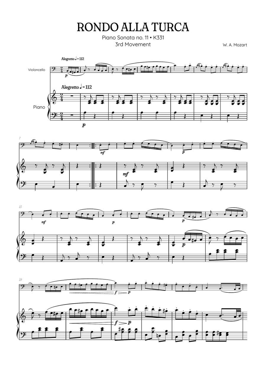 Rondo Alla Turca (Turkish March) • cello sheet music with piano accompaniment Piano scores gallery preview page 1