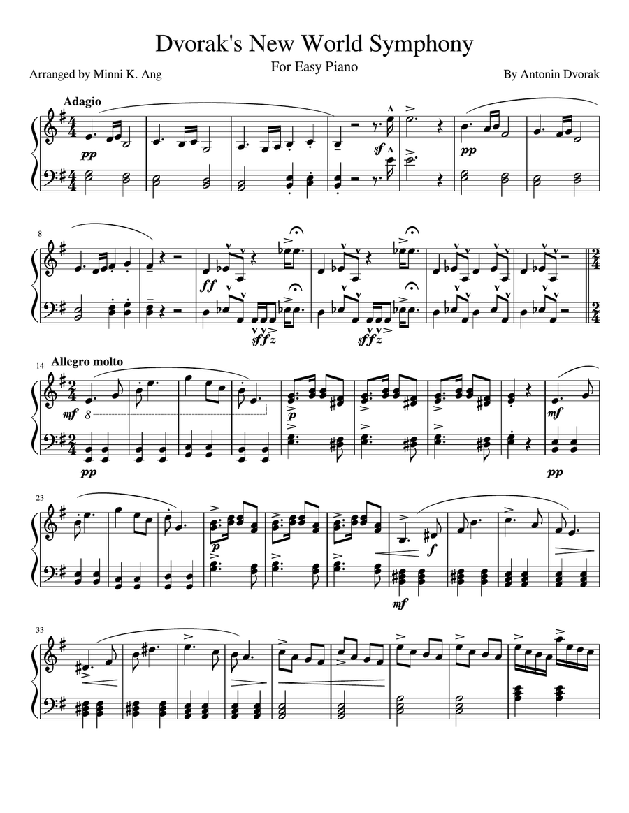 Dvorak's New World Symphony for Easy Piano Easy Piano scores gallery preview page 1