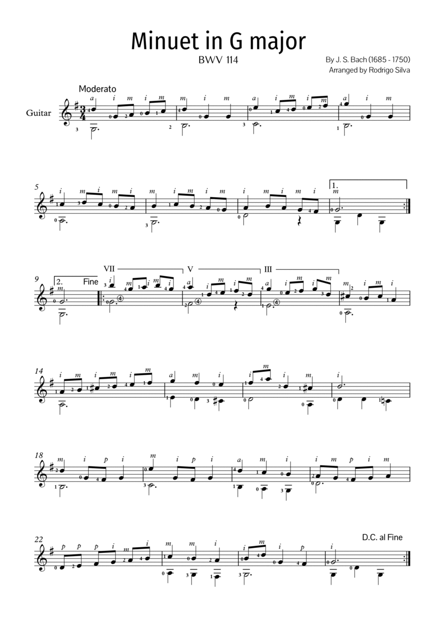 J. S. Bach- Minuet in G major for Guitar. PDF Classical Guitar scores gallery preview page 1