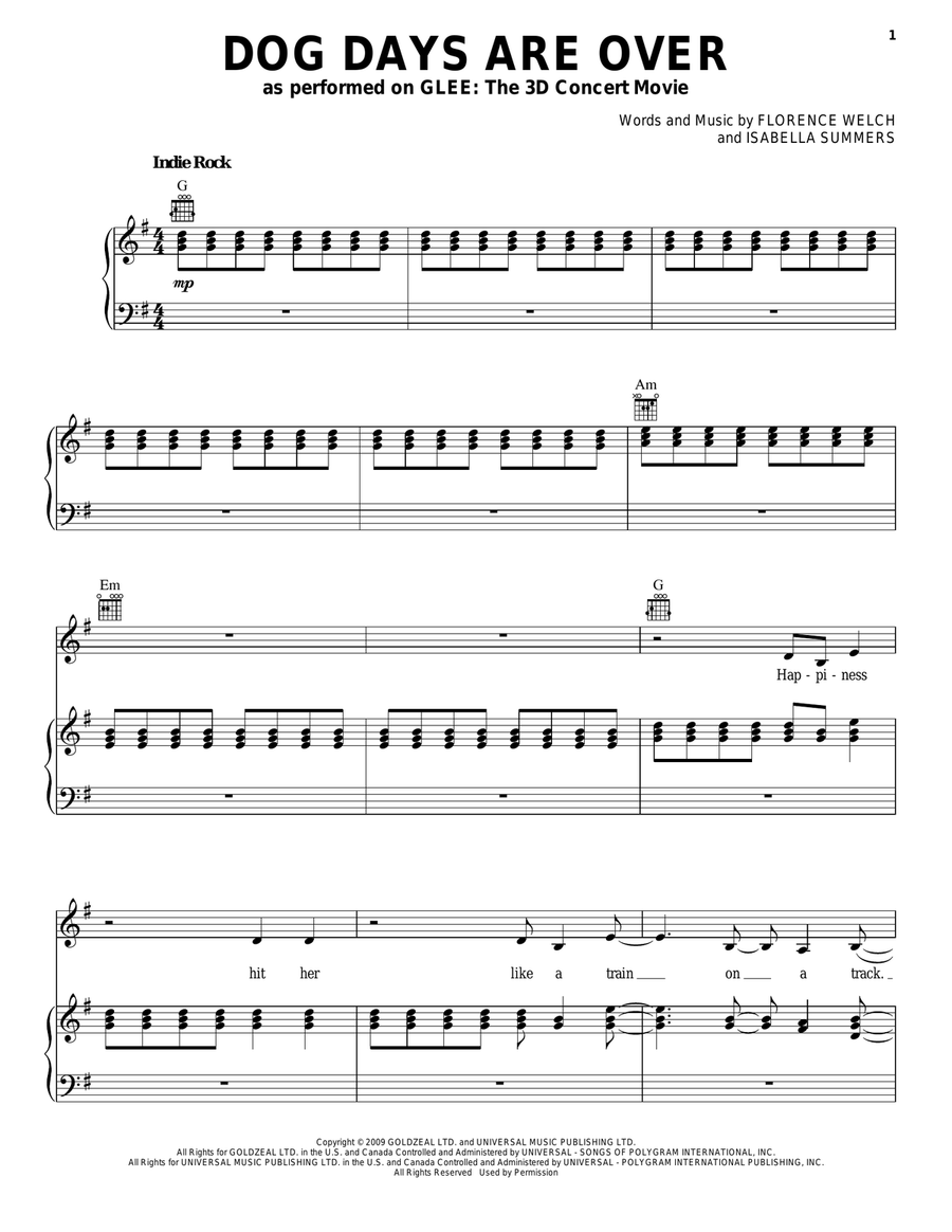 Dog Days Are Over Piano, Vocal, Guitar scores gallery preview page 1