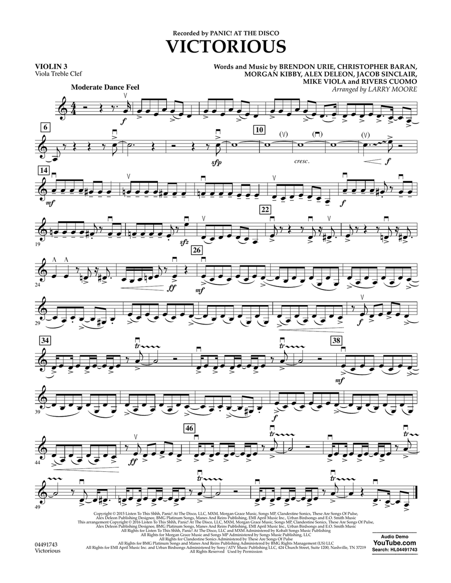 Victorious - Violin 3 (Viola Treble Clef) Orchestra scores gallery preview page 1