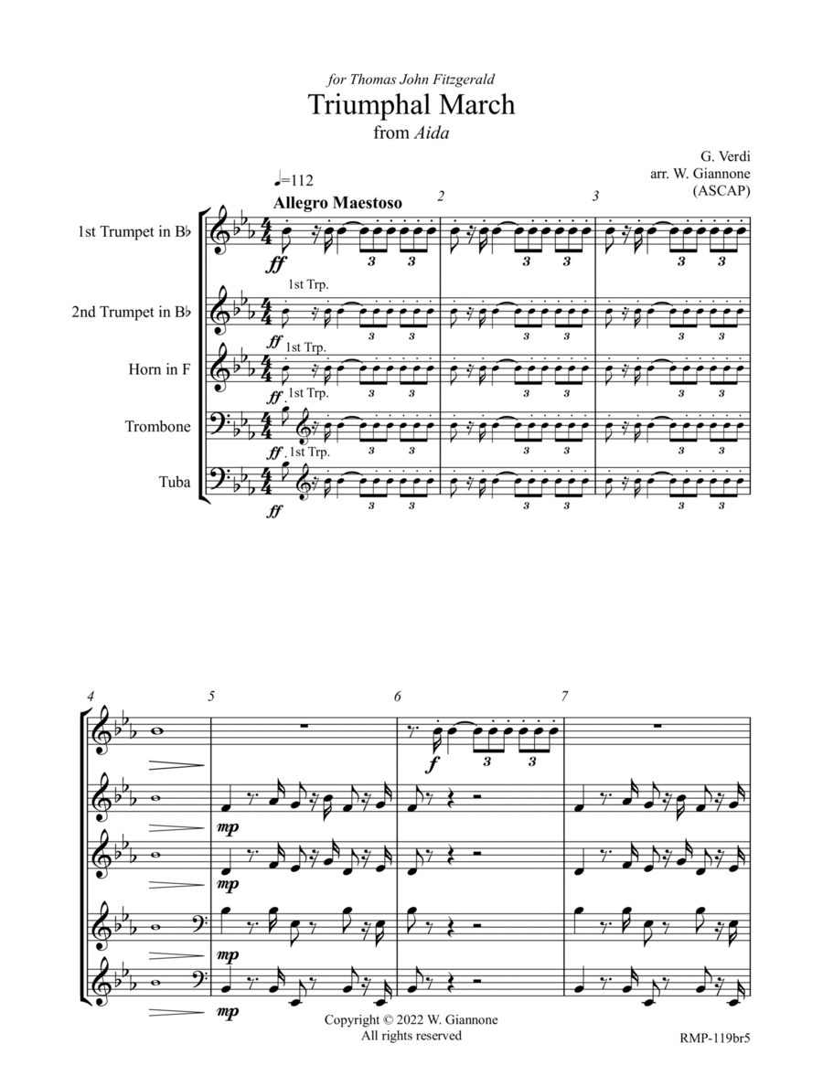Verdi - Triumphal March from Aida (for Brass Quintet) Brass Quintet scores gallery preview page 1