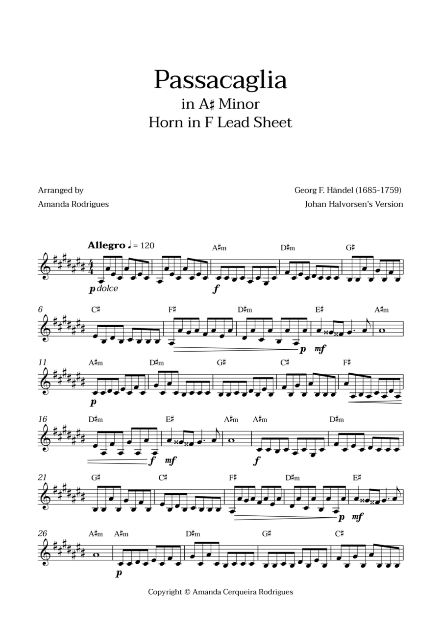 Passacaglia - Easy Horn in F Lead Sheet in A#m Minor (Johan Halvorsen's Version) Easy Piano scores gallery preview page 1