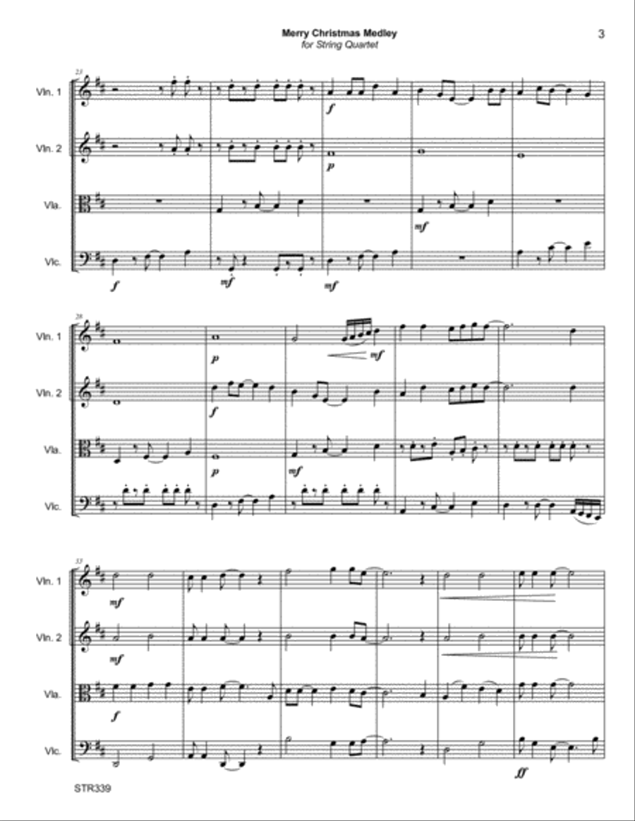 MERRY CHRISTMAS MEDLEY - STRING QUARTET (or 3 Violins & Cello) - 5 carol medley String Quartet scores gallery preview page 3
