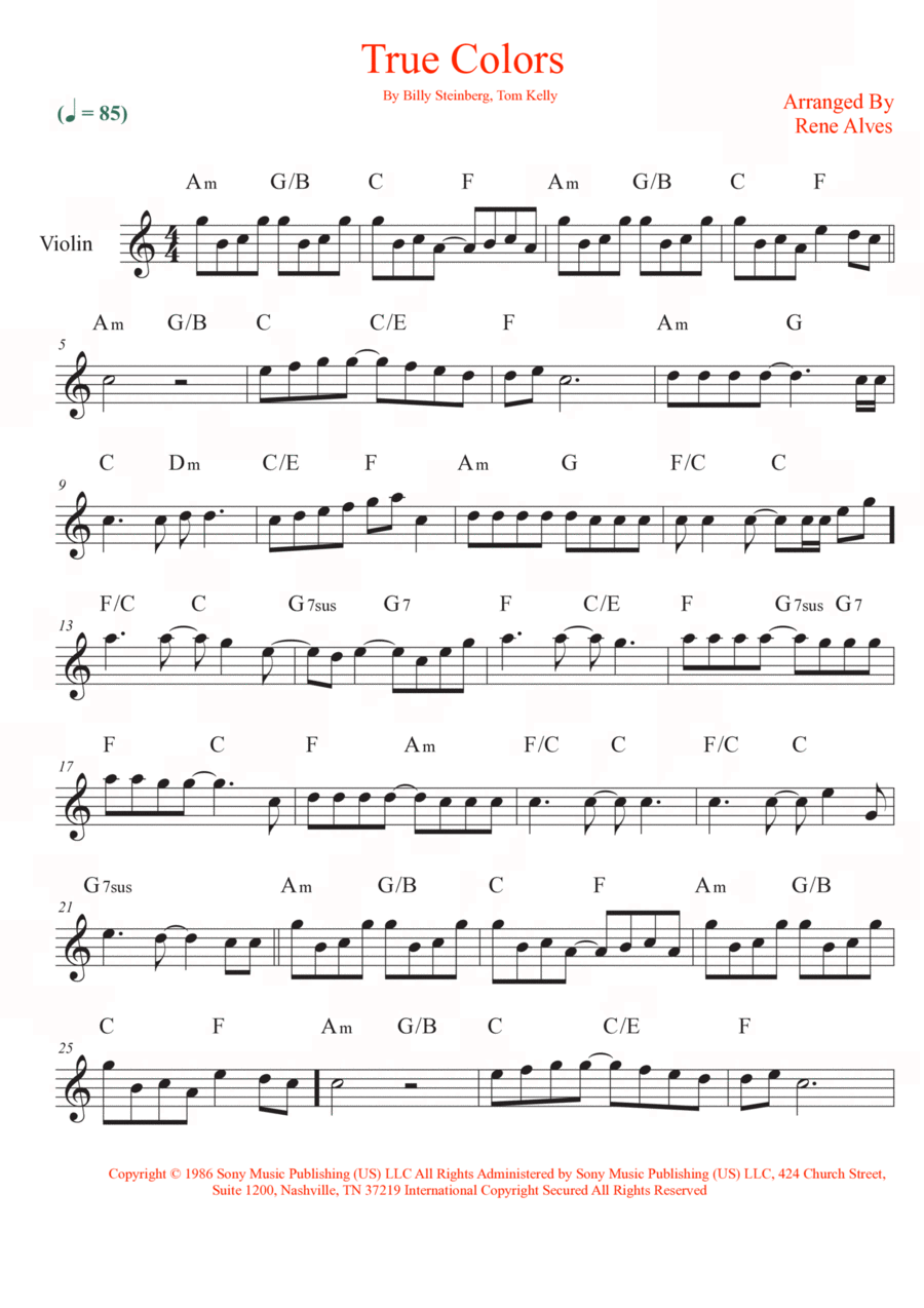 True Colors Violin Solo scores gallery preview page 1