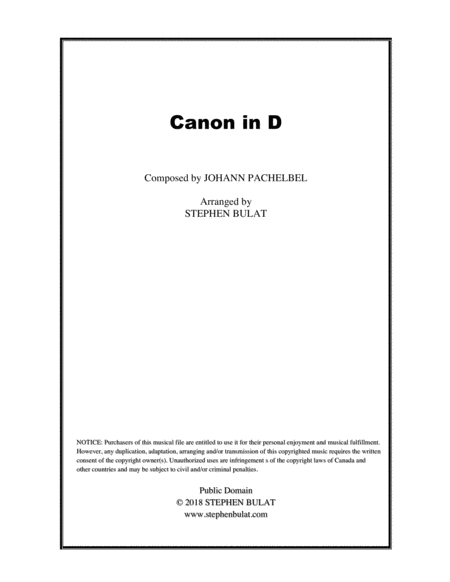 Canon in D (Pachelbel) - Lead sheet in original key of D