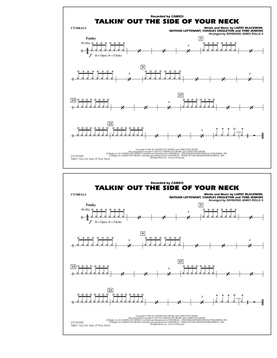 Talkin' Out The Side Of Your Neck - Cymbals Marching Band scores gallery preview page 1