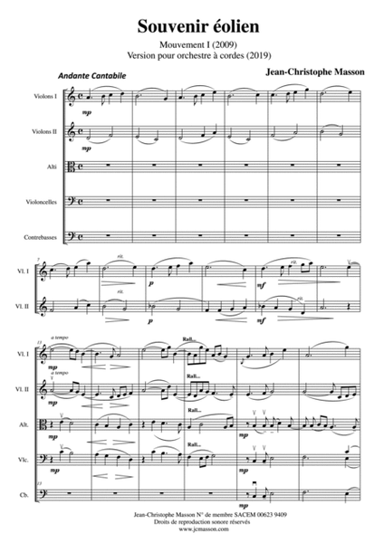 Souvenier éolien --- for organ and string orchestra --- FULL SCORE AND PARTS JCM 2009-2021