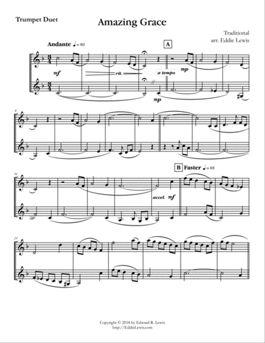 Amazing Grace for Trumpet Duet Arr. by Eddie Lewis Trumpet Duet scores gallery preview page 2