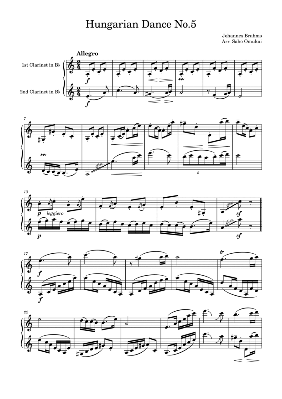 J.Brahms: Hungarian Dance No.5 for two Clarinets. J.Brahms: Hungarian Dance No.5 for two Clarinets. Clarinet Duet scores gallery preview page 1