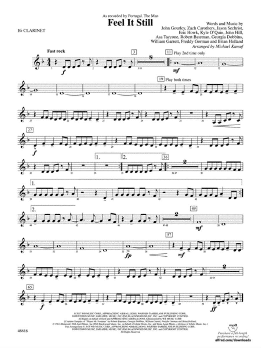Feel It Still: 1st B-flat Clarinet Concert Band scores gallery preview page 1