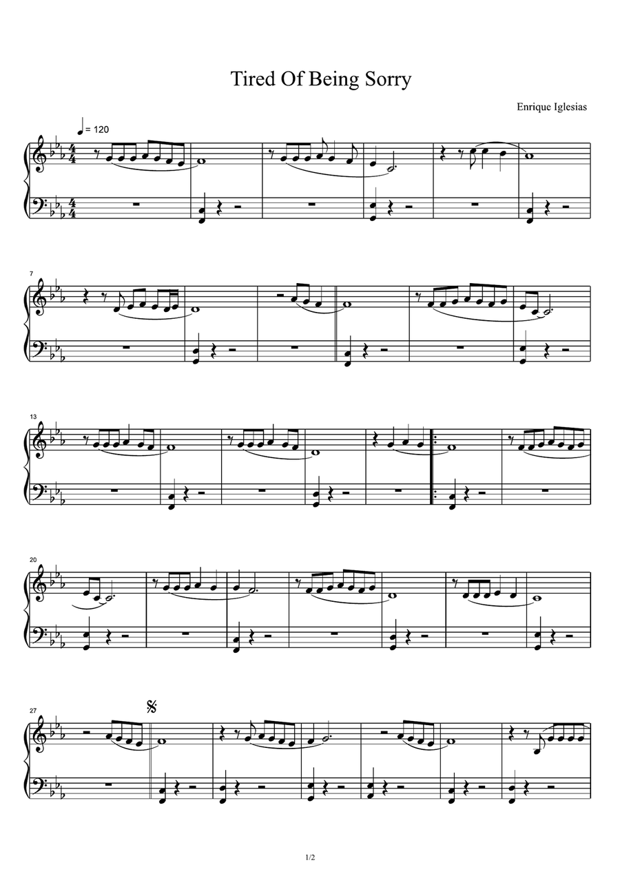 Tired Of Being Sorry Tired Of Being Sorry Piano Solo scores gallery preview page 1