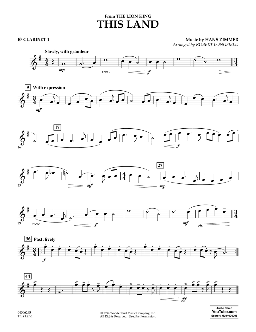 Book cover for This Land (from The Lion King) (arr. Robert Longfield) - Bb Clarinet 1