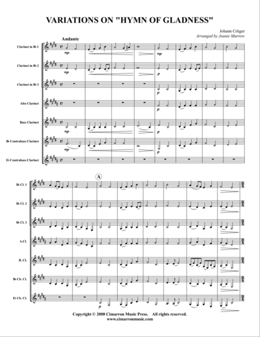 Hymn of Gladness (Variations) Clarinet Choir scores gallery preview page 1