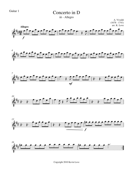 Concerto in D - iii - Allegro (Guitar Quartet) - Score and Parts image number null