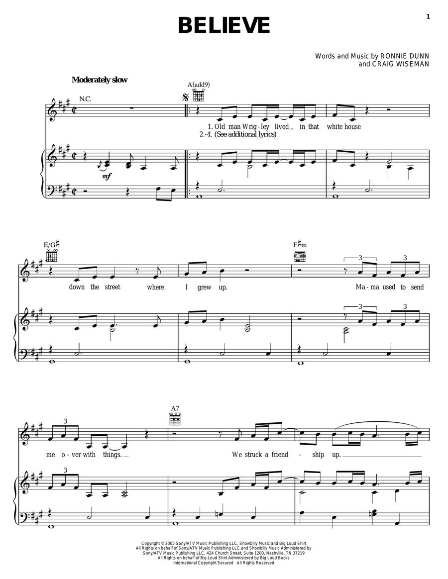 Believe Piano, Vocal, Guitar scores gallery preview page 1